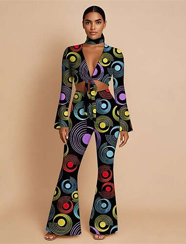  Retro Vintage 1970er Groovy Set mit Schlaghose und Schnürung vorne Hippie Disco Geometrisch Psychedelisch Damen Halloween Karneval Urlaub Musikfestival Festival Erwachsene Oberteil Hose Stirnband