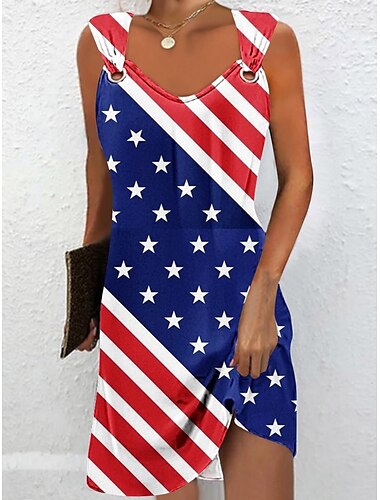  Unabhängigkeitstag Damen Patriotisches Vierteljuli Mini-Kleid Sommerkleid Slip Kleid Lässig Täglich Reguläre Passform Flagge Ärmellos Träger Weinrot Marineblau Blau Sommer