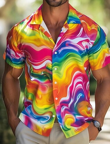  Herren Regenbogen LGBT Stolz Hemd Sommerhemd Knopfhemd Kurzarm Modisch lässig Ferien Sommer Frühling Umlegekragen 3D-Druck Hemden mit Kragen Regenbogen