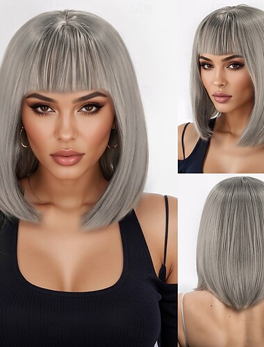  Synthetische pruiken Kinky Recht Yaki recht Asymmetrisch kapsel Strakke pony Machinegemaakt Pruik 35.6 cm A1 Synthetisch haar Dames Middenscheiding Klassiek Comfortabel Grijs