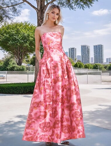  floral print βραδινό φόρεμα σε στυλ διασημοτήτων επίσημο γαμήλιο καλεσμένο στο πάτωμα αμάνικο στράπλες σατέν με φιόγκους 2025