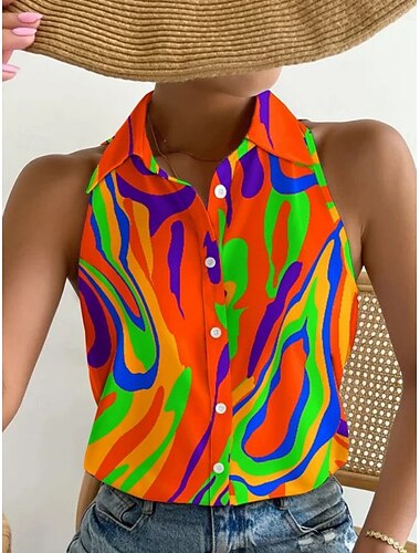  Damen Hemd Grafik Farbblock Stilvoll Lässig Ärmellos Hemdkragen Normale Oberteile Täglich Knöpfe Druck Schwarz Marineblau Blau Regenbogen Sommer