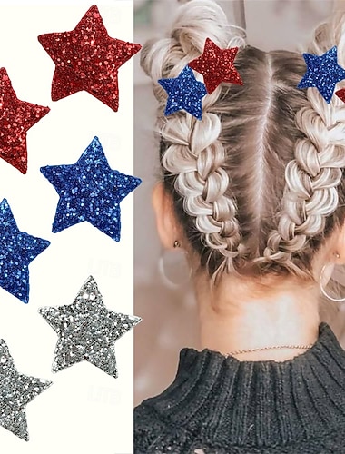  6 st 4 juli hårspännen för kvinnor röda vita blå stjärnsnäppning håraccessoarer med glitter patriotiska hårspännen självständighetsdagen platta hårspännen för högtidsfest hårdekoration