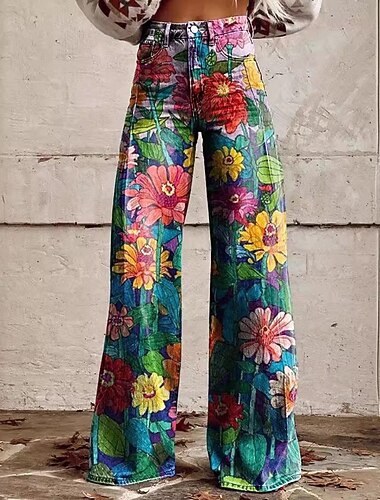  Retro vintage Boho Jaren '70 Broeken Broek met wijde pijpen Hippie Schijf Hoge taille Bloemig Faux Jeans Stijl Dames Halloween Carnaval muziekfestival Prideparade Retro themafeest Volwassenen Broeken