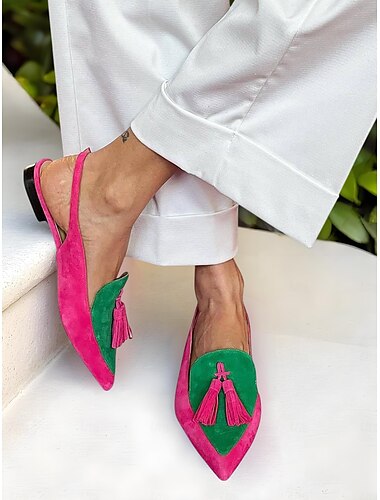  Mocasini damă cu vârful ascuțit, din piele întoarsă, color block, cu slingback - mocasini roz și violet cu ciucuri pentru adulți, pentru întâlniri de zi cu zi &ieșiri casual la modă