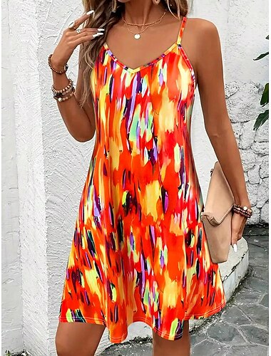  Dames Mini-jurk A lijn jurk Zomerjurk Slipdress Vakantie Casual Normale pasvorm Grafisch Kleurenblok Abstract Mouwloos V-hals blauw Oranje Zomer Lente