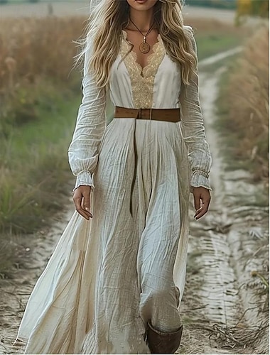  Dames Lange jurk maxi-jurk Vintage Jurk Westerse kleding Modieus Klassiek Modern Vakantie Feestdagen Uitgaan Normale pasvorm Effen Lange mouw V-hals Beige Zomer