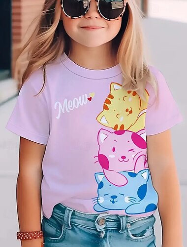  Girls' 3D Animal Cat T shirt Tee Short Sleeve Summer Spring Fashion Basic Kids 4-12 Years Crew Neck Outdoor Casual Daily Regular Fit