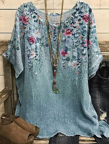  Dames Overhemd T-shirt Bloemen Elegant Modieus Modern Korte mouw Strakke ronde hals Normale tops Dagelijks Weekend Afdrukken Rood blauw Paars Oranje Groen Zomer