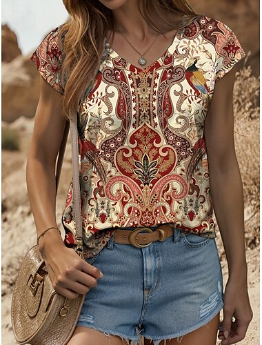  dam boho linne linne grafisk vintage snygg klassisk ärmlös kortärmad v-ringad vanlig topp daglig tryck röd blå lila grön sommar vår