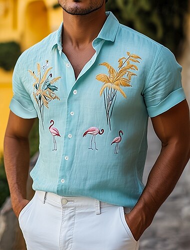  Per uomo Camicia di lino Camicia Estiva Abbigliamento da spiaggia Camicia con Bottoni Animale Vacanza Ferie Bianco Blu Manica Corta Collo ripiegato Estate Primavera Abbigliamento