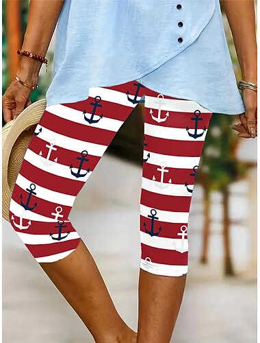  Frauen Leggings Capri Hosen Hochstretchfähigkeit Urlaub Mode Küsten-Oma Stil Vollständig Lang Mittlere Taille Grafische Streifen Ozean Druck Thermisch Warm Atmungsaktiv Weich Dehnbar Outdoor Urlaub