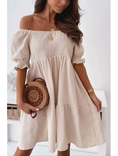  Femmes Mini Robe Robe Décontractée Robe d'été Basique Moderne Quotidien Week-end Coupe régulière Uni Manche Courte Épaules Dénudées Noir Blanche Abricot Été
