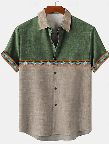  Voor heren Geometrisch Linnen overhemd Hawaiiaans overhemd Overhemd met knopen Korte mouw Vintage Artistiek Vakantie Feestdagen Strand Kleding Zomer Lente Strijkijzer Kleurenblok blauw Groen
