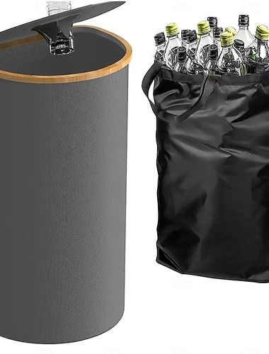  Pfandflaschen Sammelbehälter Recyclingbehälter für die Küche im Innenbereich, 100 l faltbarer D-förmiger Mülleimer mit Bambusrahmen, Oxford-Gewebe, herausnehmbaren Polyester-Innentaschen