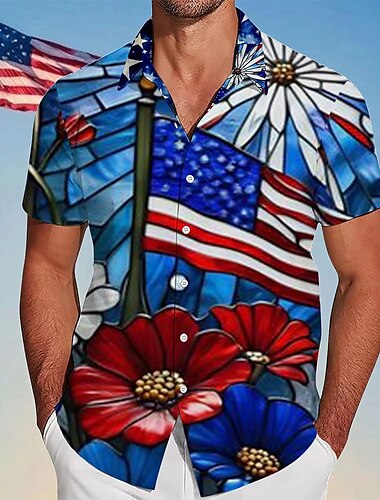  Dia da Independência Homens Estampa floral Bandeira dos EUA Patriótico Camisa Social camisa de verão camisa de botão Manga Curta Moda Casual Ao ar livre Feriado Verão Primavera Aberto para a Lateral