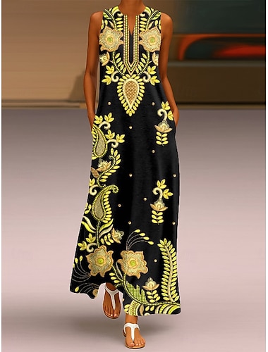  Damen Maxikleid Sommerkleid A Linie Kleid Urlaub Lässig Boho Täglich Ferien Lässiger Schnitt Grafik Paisley-Muster Stammes Ärmellos Rundhalsausschnitt V Ausschnitt Gelb Sommer