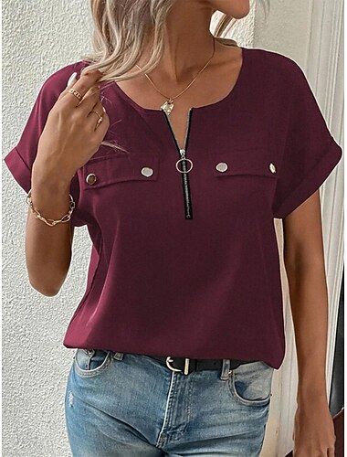  Γυναικείο T-Shirt Μονοχρωμία Απλό Μόδα Σύγχρονο Καθημερινό Κοντό Μανίκι Crew Neck Κανονικά Μπλουζάκια Καθημερινά Σαββατοκύριακου Φερμουάρ Κουμπιά Μαύρο Βουργουνδί Μπλε Μωβ Καλοκαίρι