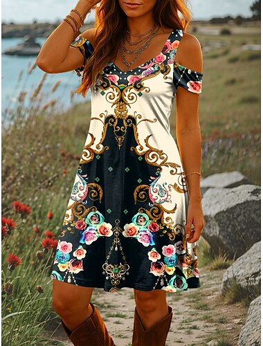  Dames Mini-jurk A lijn jurk Zomerjurk Vakantie Casual Dagelijks Feestdagen Normale pasvorm Bloemig Grafisch Tribal Korte mouw V-hals Geel blauw Paars Zomer