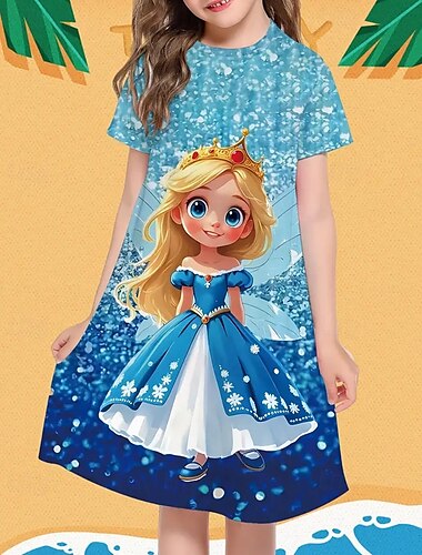  女子 3D カートゥン スノーフレーク柄 ドレス 半袖 夏 春 バケーション 日常 祝日 プリンセス 美しい 甘い 子供 4〜12年 カジュアルドレス 膝丈 レギュラー