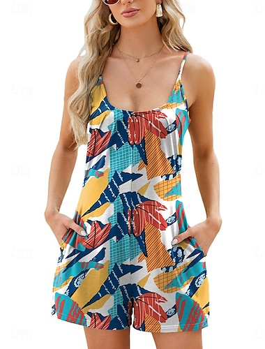 Mujer Normal Mono Activo Floral Sin Mangas Escote en U Bolsillo Vacaciones Calle Ajuste regular Rosa Azul Real Azul Piscina Verano