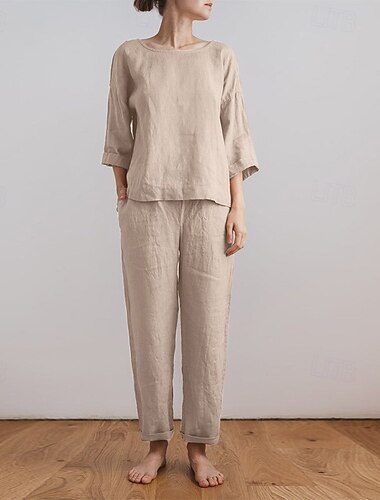  Γυναικεία Ενεργό Βασικό Βαμβακερά λινά πουκάμισα Μπλούζα Σετ παντελονιών Μακρυμάνικο Στρογγυλή Ψηλή Λαιμόκοψη Συμπαγές Χρώμα ΕΞΩΤΕΡΙΚΟΥ ΧΩΡΟΥ Εξόδου Ανθισμένο Ροζ Πράσινο Χακί Μπεζ Καλοκαίρι Κανονικό