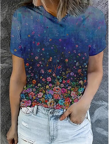  Mulheres Camiseta Tops de verão Floral Gráfico Clássico Casual Manga Curta Gola Redonda Tops curtos Diário Final de semana Imprimir Azul Real Verão Primavera Outono