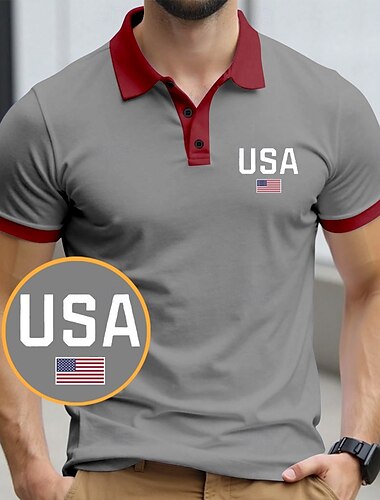  Amerikanischer Unabhängigkeitstag Herren Amerikanische US-Flagge Polo Kurzarm Polo-Shirts Hemden mit Kragen Lässig Outdoor Athleisure 3D-Druck Sommer Schwarz Rote Blau