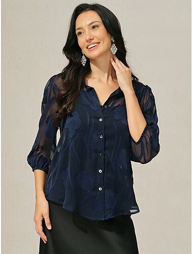  dames blouse overhemd met camisole bloemen elegant vintage stijlvol halve mouw v-hals normale tops werk vakantie uitgaan knopen oogje marineblauw zomer lente herfst