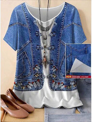  Damen T Shirt Blumen Grafik 3D Vintage Stilvoll Lässig Kurzarm Rundhalsausschnitt V Ausschnitt Rundhals Normale Oberteile Täglich Druck Marineblau Sommer Frühling