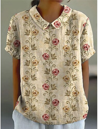  Per donna Blusa Floreale Grafico Vintage Tropicale Elegante Manica Corta Colletto a Camicia Top Regolari Lavoro Quotidiano Stampato Rosa Beige Estate Primavera