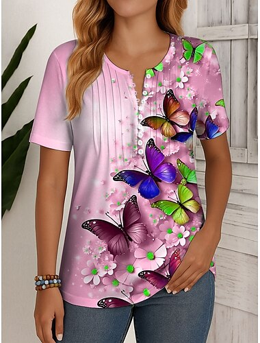 Women's T Shirt Ombre Floral Graphic Vintage Stylish Classic Short Sleeve Round Neck Regular Tops Daily Weekend Beach Wear Buttons Smocked Print Red Purple Green Summer Spring