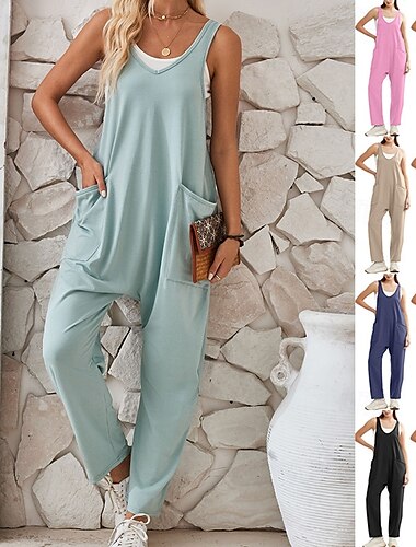 Femmes Normal Combinaison Streetwear Couleur Unie Sans manches Col en U Avec Poches Rue Quotidien Coupe régulière Noir Vert Claire Rose Claire Été