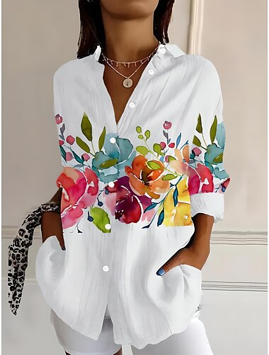  Damen Hemd Ombre Blumen Grafik Bohemien Aktiv Täglich Langarm Hemdkragen Normale Oberteile Arbeit Täglich Knöpfe Druck Weiß Rosa Blau Purpur Orange Frühling Herbst
