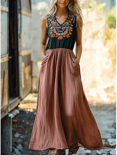  Damen Langes Kleid Maxikleid Freizeitkleid Schwingkleid Sommerkleid Boho-Kleid Vintage Urlaub Täglich Ferien Normale Passform Blumen Ärmellos U-Ausschnitt Schwarz Khaki Sommer