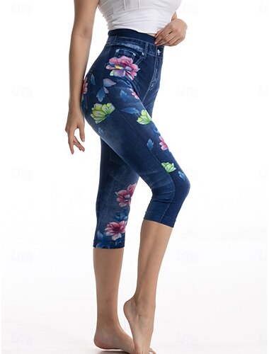  Damen Leggings Capri Hosen 3D Druck Chinos Urlaub Streetwear Freizeit Knielang Hohe Taille Blumen Druck Bequem Weich Komfortabel Dehnbar Outdoor Straße Blau Sommer Slim Fit