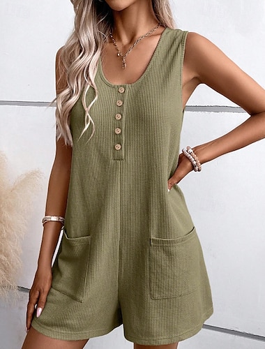  Mujer Normal Mono Ropa de calle Color sólido Sin Mangas Escote en U Botones Bolsillo Calle Diario Ajuste regular Negro Verde Claro Rosa Verano