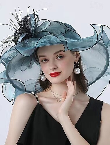  Elegant organza derbyhat til kvinder med bred skygge, solhat til bryllup, tefest, fascinatorhat
