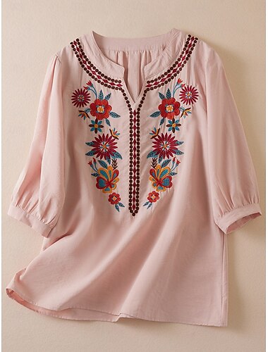  Per donna Camicia Tinta unica Floreale Quotidiano Lussuoso Casual Mezza Manica Manica al gomito Scollo a V Top Regolari Quotidiano Uscire Ricamato Rosa Estate