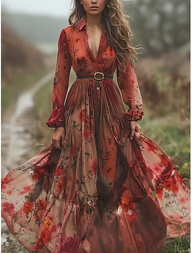  Dames Lange jurk maxi-jurk Casual jurk Swingjurk Bloemetjesjurk Zomerjurk Vintage Vakantie Dagelijks Feestdagen Normale pasvorm Bloemig Lange mouw V-hals Rood Zomer
