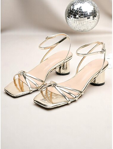  Sandalias de cóctel brillantes con tacón de bloque, tira en el tobillo y dorado metalizado para mujer, con punta cuadrada y tacón bajo.