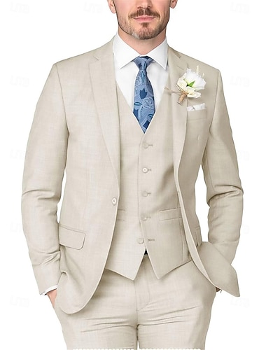  Herren Hochzeitsanzüge aus Leinen in Salbeigrün, Sommermode, formelle Anzüge, einfarbig, Standard-Passform, 3-teilig, einreihig, mit einem Knopf