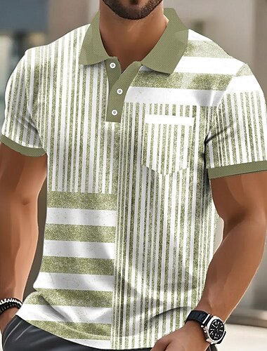  Homme Graphique Bandes verticales Polo Manche Courte Polos Chemises à Col Vêtement décontracté de travaile Extérieur Athleisure Tenue quotidienne Boutons Impression 3D Été Bleu Marron Vert