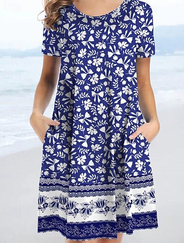  Women's Mini Dress Floral Dress Boho Dress Classic Outdoor Vacation Daily Regular Fit Flower Short Sleeve Crew Neck Blue Summer