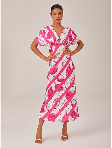  Жен. Мужской Повседневное платье длинное платье платье макси Розовый С короткими рукавами Фрукты V-образный С принтом Лето V-образный вырез Отпуск XS S M