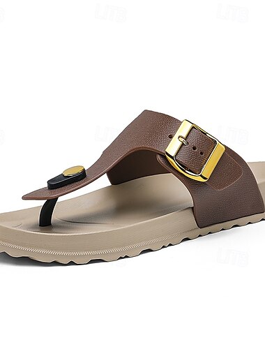  Herren-Zehentrenner aus weißem und braunem Kunstleder mit verstellbarem Schnallenriemen – lässige Sommer-Sandalen mit weich gepolsterter Sohle für Wochenendausflüge, Urlaub und Komfort im Alltag