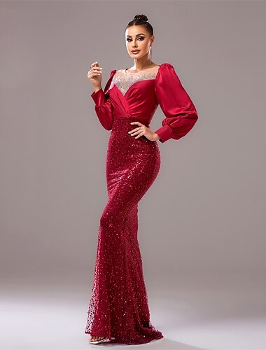  Meerjungfrauenschnitt Quinceanera-Kleider Elegant Kleid Hochzeit Hochzeitsgast Bodenlang Langarm Rundhalsausschnitt Paillettenbesetzt mit Paillette 2025