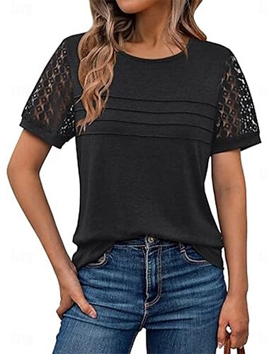  Damen T Shirt Einfach Mode Stilvoll Klassisch Kurzarm Rundhalsausschnitt Normale Oberteile Täglich Wochenende Spitze Patchwork Schwarz Rosa Wein Khaki Sommer