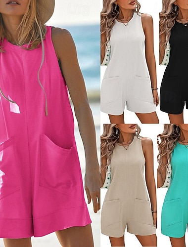  Damen Normal Strampler Streetwear Einfarbig Ärmellos Rundhalsausschnitt Tasche Täglich Ausgehen Normale Passform Schwarz Weiß Fuchsie Sommer