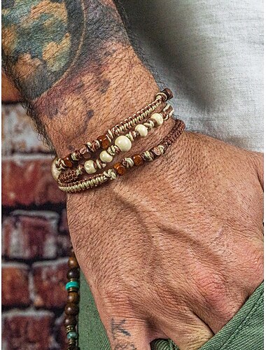  Handgefertigtes Perlenarmband-Set für Herren – Naturholz und geflochtene Kordel, verstellbarer Schmuck im Bohème-Stil für Strand, Festivals und Freizeitkleidung